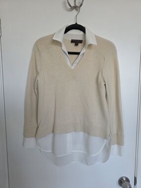 Truth By Republic Cream Layered V-Neck Sweater with Shirt Hem